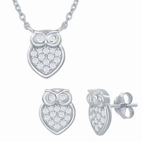 Sterling Silver Small Micro Pave Owl Necklace and Earrings Set suit-set  
