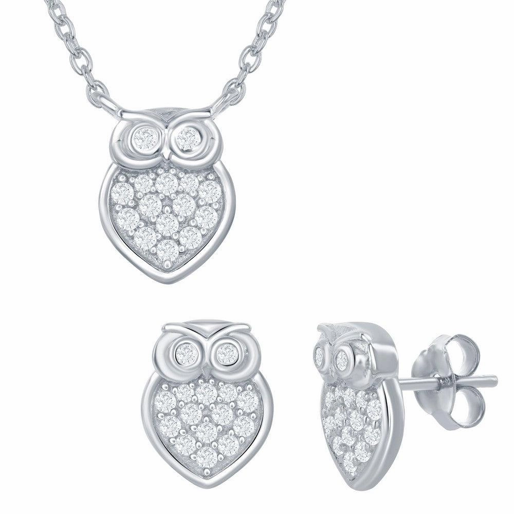 Sterling Silver Small Micro Pave Owl Necklace and Earrings Set suit-set  