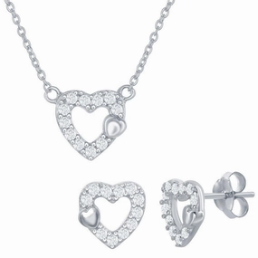Sterling Silver Small Open CZ Heart Necklace and Earrings Set suit-set  