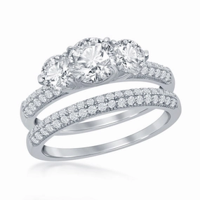 Sterling Silver Three-Stone Engagement Ring Set - W-2413 suit-set  