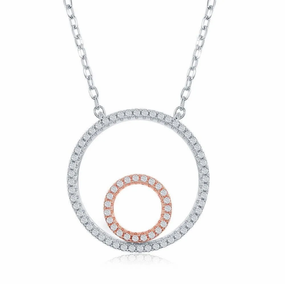 Sterling Silver TT Double Open Circle with CZ Border Necklace