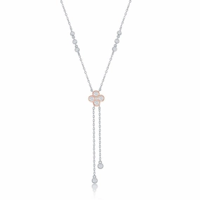 Sterling Silver Two-Tone Rose Gold Plated CZ Flower with Bezel-Set CZ Lariat Necklace suit-set  