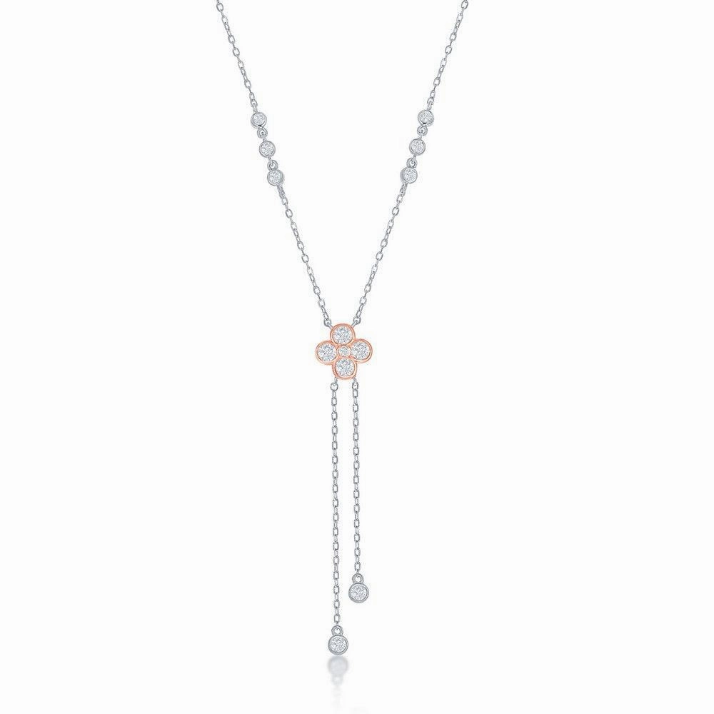 Sterling Silver Two-Tone Rose Gold Plated CZ Flower with Bezel-Set CZ Lariat Necklace suit-set  