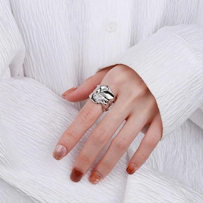 Sterling Silver Wide Irregular Geometric Pleated Texture Ring 