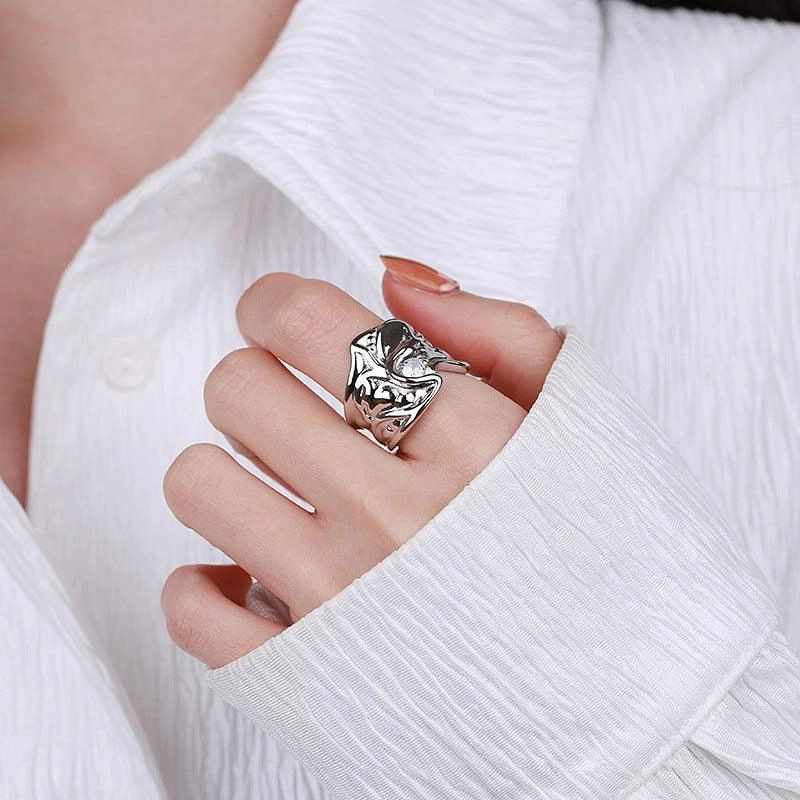 Sterling Silver Wide Irregular Geometric Pleated Texture Ring