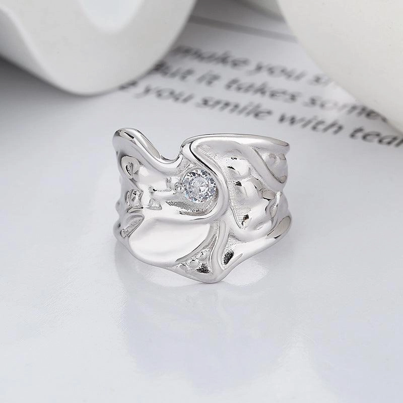 Sterling Silver Wide Irregular Geometric Pleated Texture Ring
