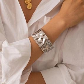 Stylish Silver Hammered Stainless Steel Cuff Bracelet 