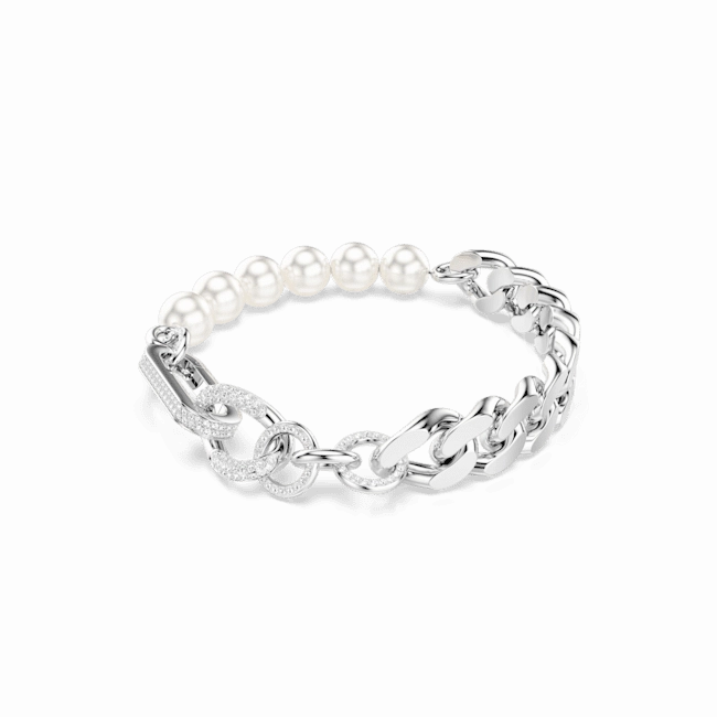 Swarovski Dextera Bracelet Crystal Pearl, Mixed links, White, Rhodium plated, Medium