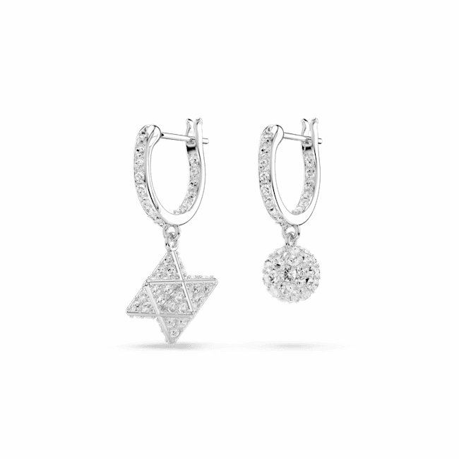 Swarovski Dextera Drop Earrings Asymmetrical Design, Round cut, Star and sphere, White, Rhodium plated