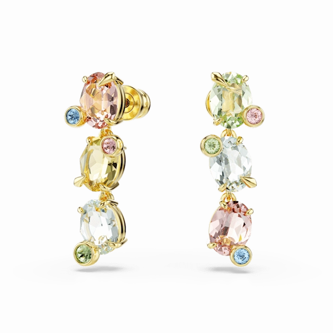 Swarovski Gema Drop Earrings Asymmetrical design Mixed cuts Multicolored Gold-tone plated
