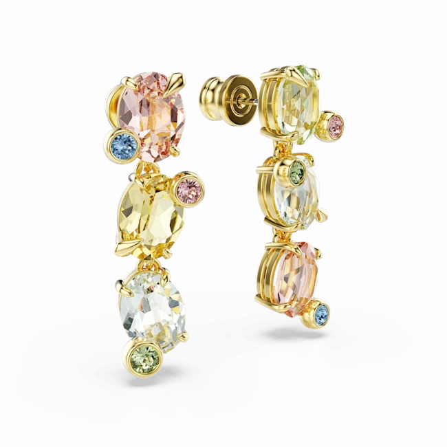 Swarovski Gema Drop Earrings Asymmetrical design Mixed cuts Multicolored Gold-tone plated