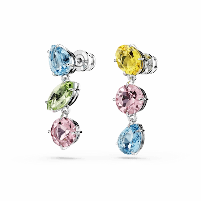 Swarovski Gema Drop Earrings Asymmetrical Design, Mixed cuts, Multicolored, Rhodium plated