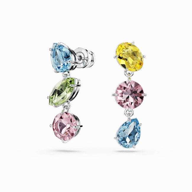 Swarovski Gema Drop Earrings Asymmetrical Design, Mixed cuts, Multicolored, Rhodium plated