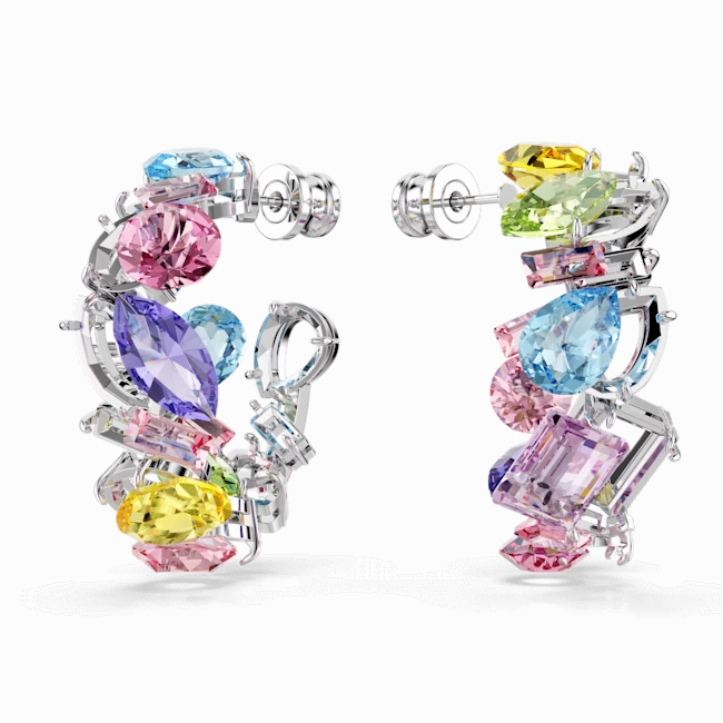 Swarovski Gema Hoop Earrings Asymmetrical Design, Mixed cuts, Small, Multicolored, Rhodium plated