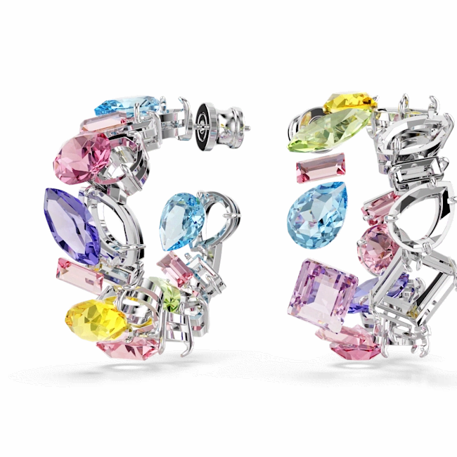 Swarovski Gema Hoop Earrings Asymmetrical Design, Mixed cuts, Small, Multicolored, Rhodium plated
