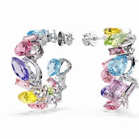 Swarovski Gema Hoop Earrings Asymmetrical Design, Mixed cuts, Small, Multicolored, Rhodium plated fashion-jewelry  
