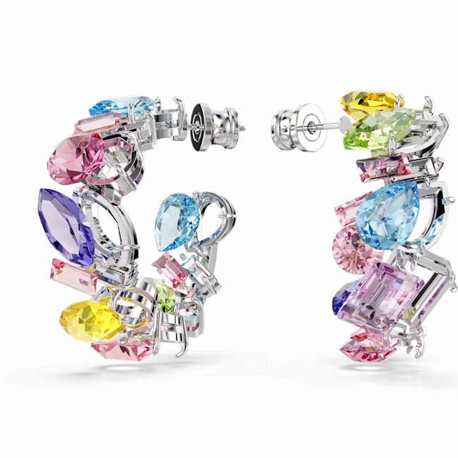 Swarovski Gema Hoop Earrings Asymmetrical Design, Mixed cuts, Small, Multicolored, Rhodium plated fashion-jewelry  