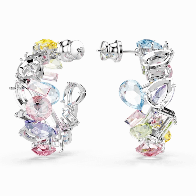 Swarovski Gema Hoop Earrings Asymmetrical Design, Mixed cuts, Small, Multicolored, Rhodium plated