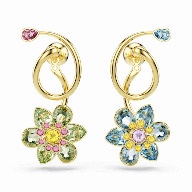 Swarovski Idyllia Drop Earrings Asymmetrical design Mixed cuts Flower Multicolored Gold-tone plated