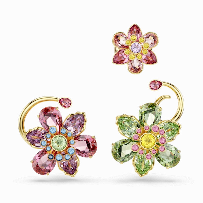 Swarovski Idyllia Ear Cuff Set (3) Asymmetrical design Mixed cuts Flower Multicolored Gold-tone plated