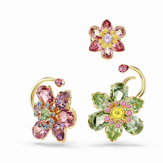 Swarovski Idyllia Ear Cuff Set (3) Asymmetrical design Mixed cuts Flower Multicolored Gold-tone plated 