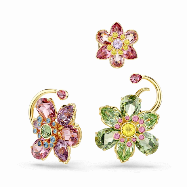 Swarovski Idyllia Ear Cuff Set (3) Asymmetrical design Mixed cuts Flower Multicolored Gold-tone plated