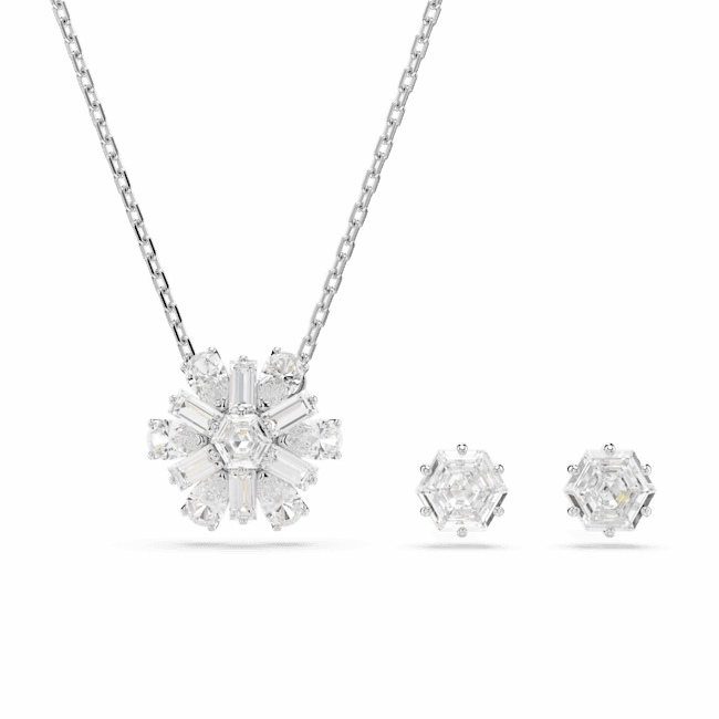 Swarovski Idyllia set (Necklace and Earrings) Mixed cuts, Snowflake, White, Rhodium plated fashion-jewelry  