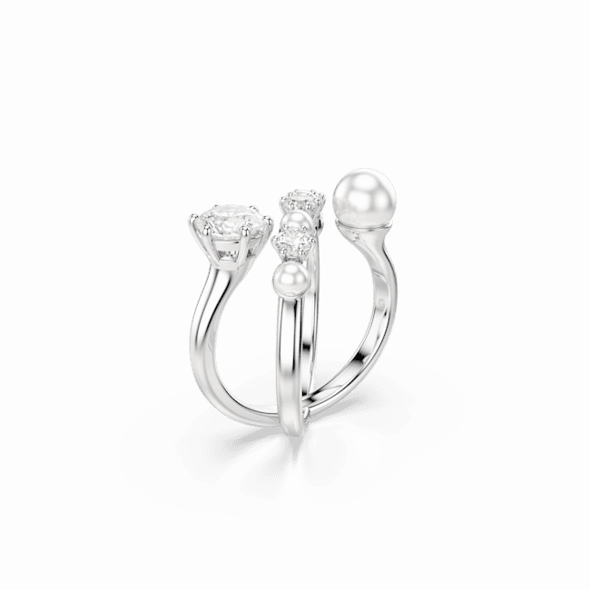 Swarovski Matrix Cocktail Ring Crystal Pearl Round Cut White Rhodium Plated