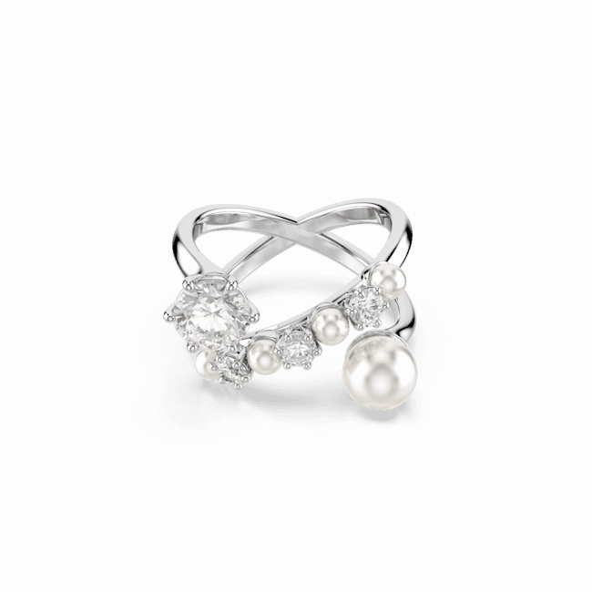 Swarovski Matrix Cocktail Ring Crystal Pearl Round Cut White Rhodium Plated