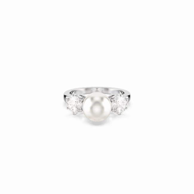 Swarovski Matrix Cocktail Ring Crystal pearl, Round cut, White, Rhodium plated