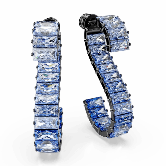 Swarovski Matrix Drop Earrings Baguette cut Blue Ruthenium plated