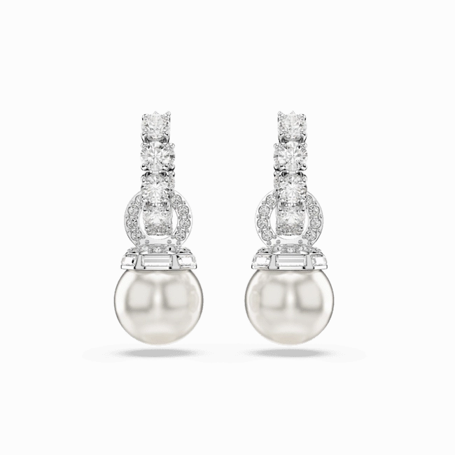 Swarovski Matrix Drop Earrings Crystal Pearl Round Cut White Rhodium Plated
