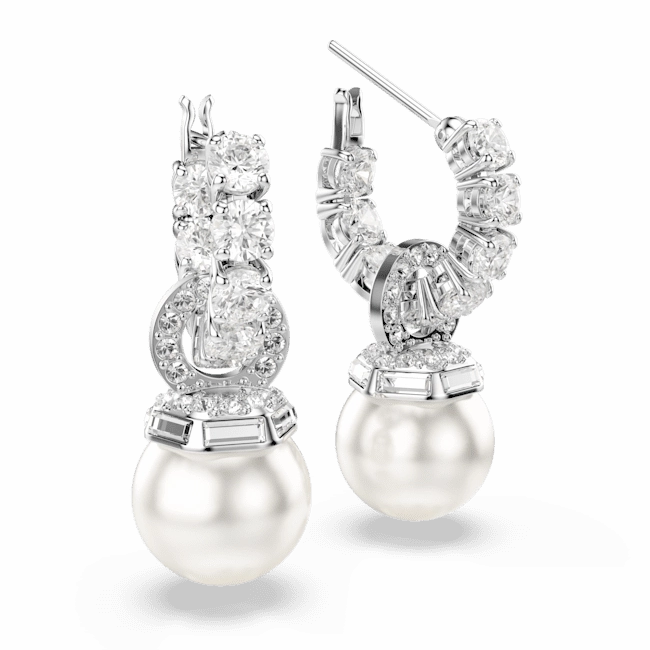 Swarovski Matrix Drop Earrings Crystal Pearl Round Cut White Rhodium Plated