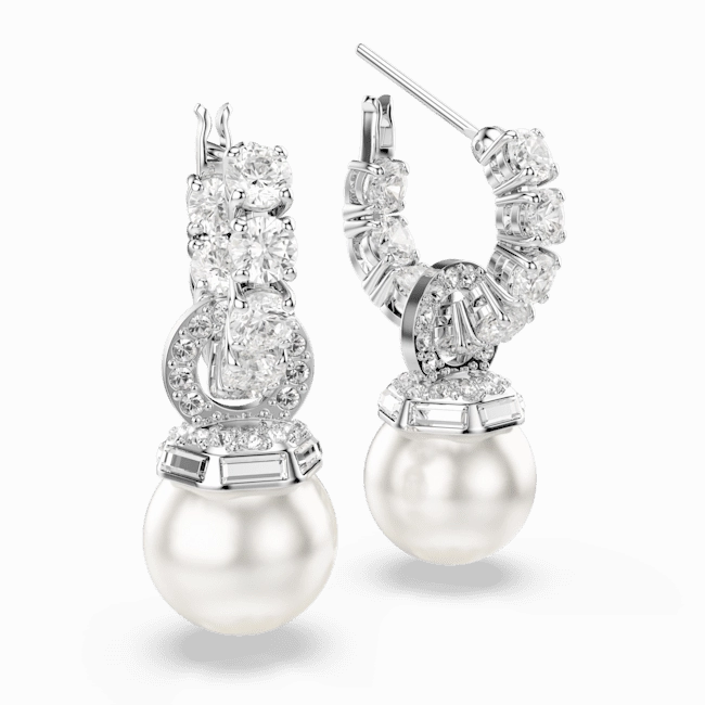 Swarovski Matrix Drop Earrings Crystal Pearl Round Cut White Rhodium Plated