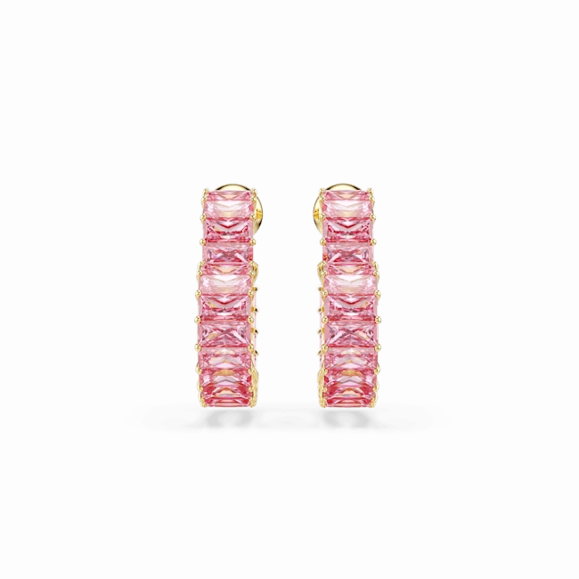 Swarovski Matrix Hoop Earrings Baguette cut Heart Small Pink Gold-tone plated
