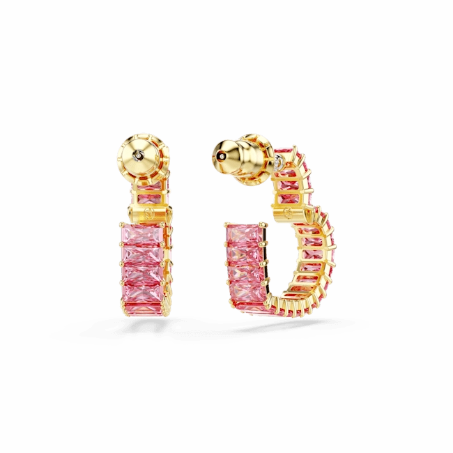 Swarovski Matrix Hoop Earrings Baguette cut Heart Small Pink Gold-tone plated