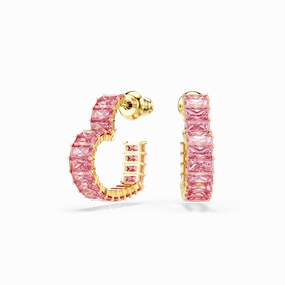 Swarovski Matrix Hoop Earrings Baguette cut Heart Small Pink Gold-tone plated 