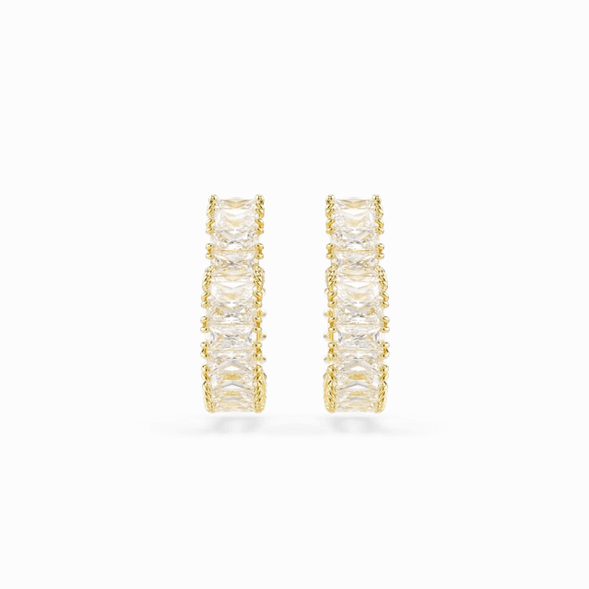Swarovski Matrix Hoop Earrings Baguette cut, Heart, Small, White, Gold-tone plated