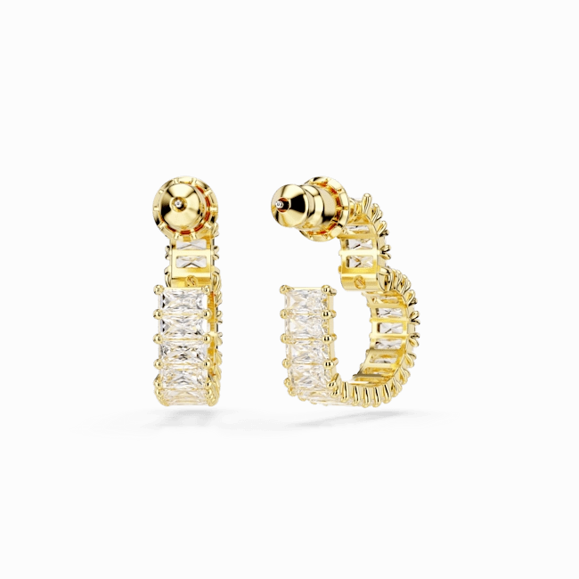 Swarovski Matrix Hoop Earrings Baguette cut, Heart, Small, White, Gold-tone plated