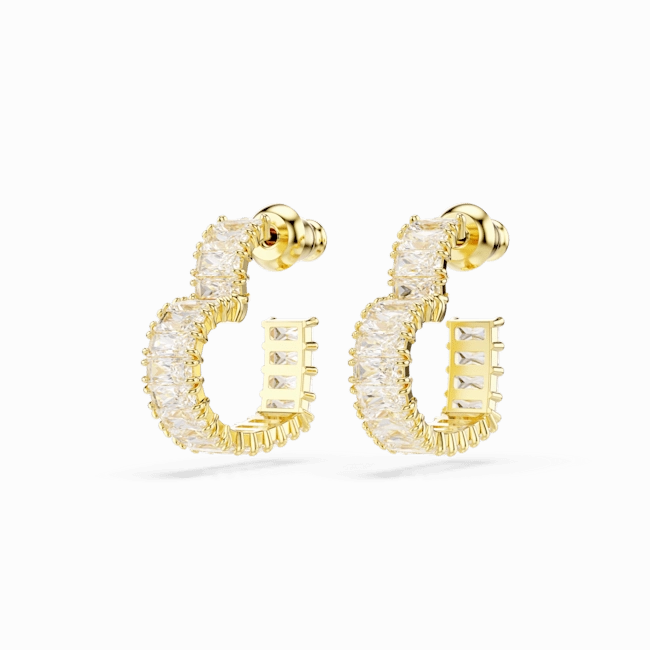Swarovski Matrix Hoop Earrings Baguette cut, Heart, Small, White, Gold-tone plated