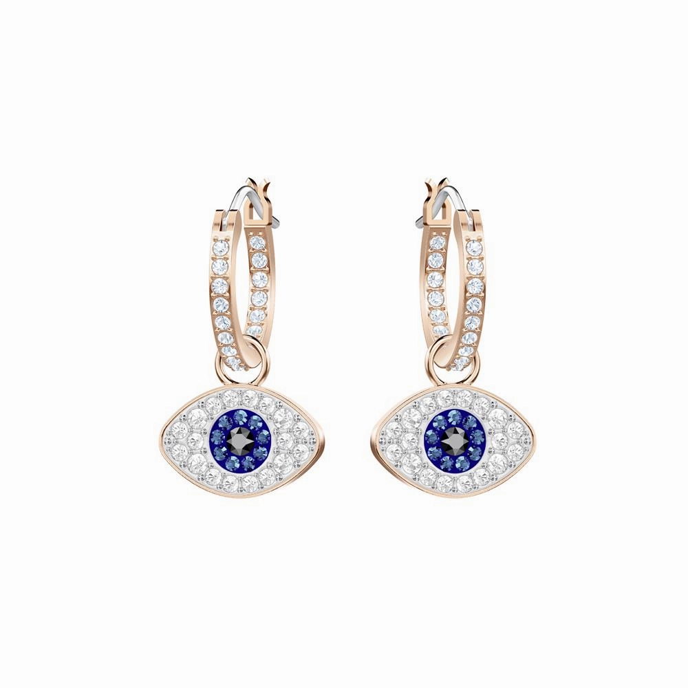 Swarovski Symbolic Evil Eye Hoop Pierced Earrings Blue, Rose-Gold Tone Plated fashion-jewelry  