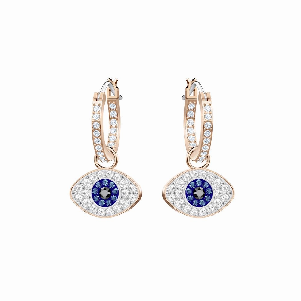 Swarovski Symbolic Evil Eye Hoop Pierced Earrings Blue, Rose-Gold Tone Plated 
