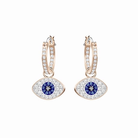 Swarovski Symbolic Evil Eye Hoop Pierced Earrings Blue, Rose-Gold Tone Plated 