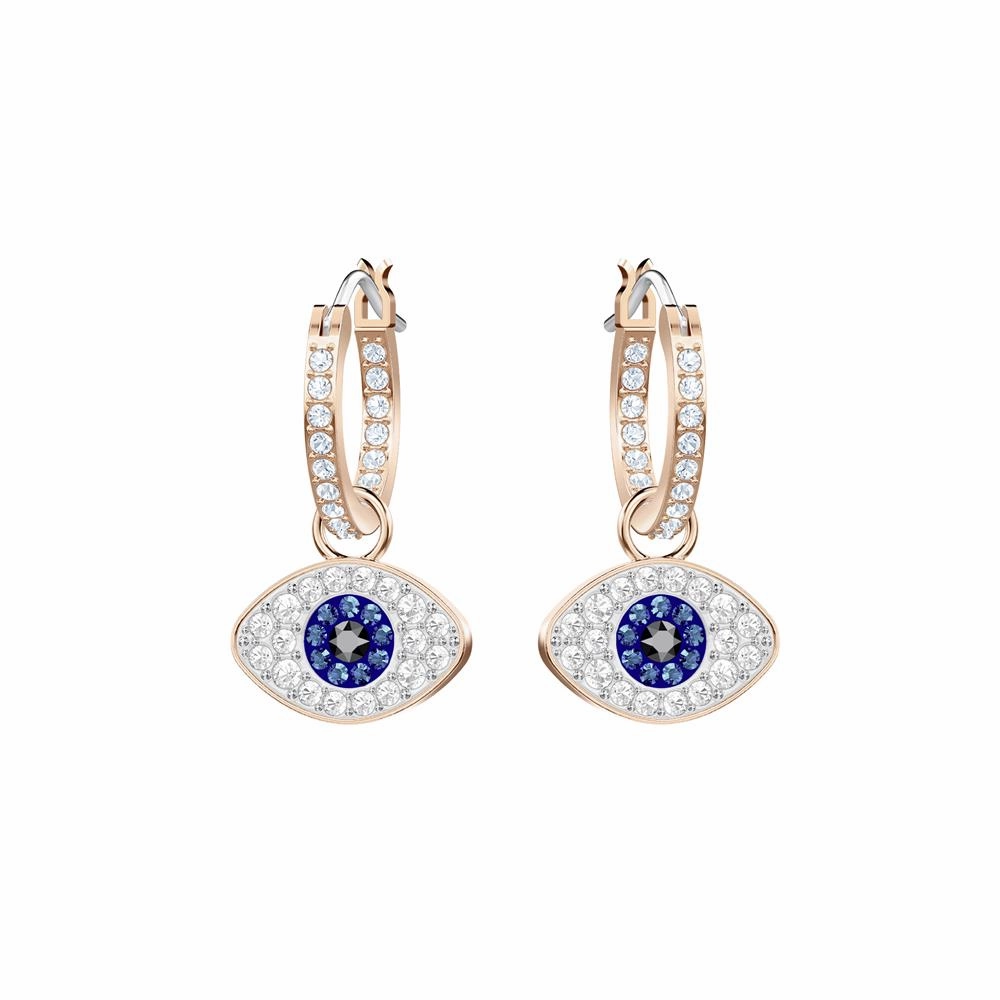 Swarovski Symbolic Evil Eye Hoop Pierced Earrings Blue, Rose-Gold Tone Plated 