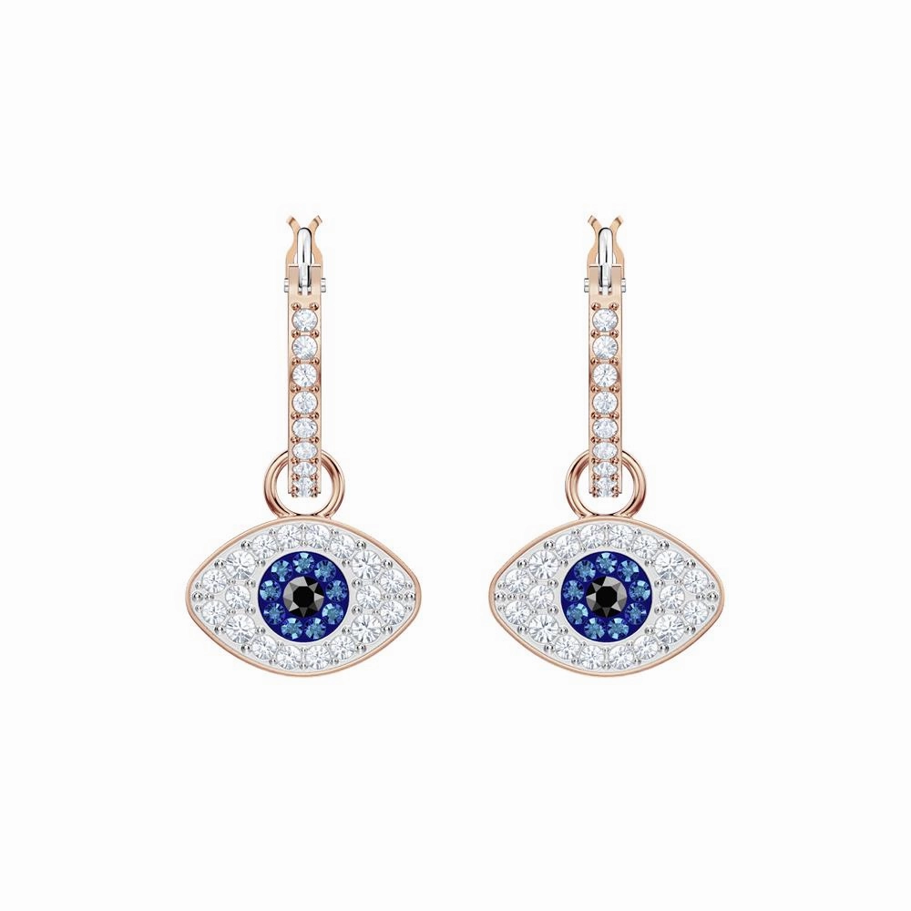 Swarovski Symbolic Evil Eye Hoop Pierced Earrings Blue, Rose-Gold Tone Plated