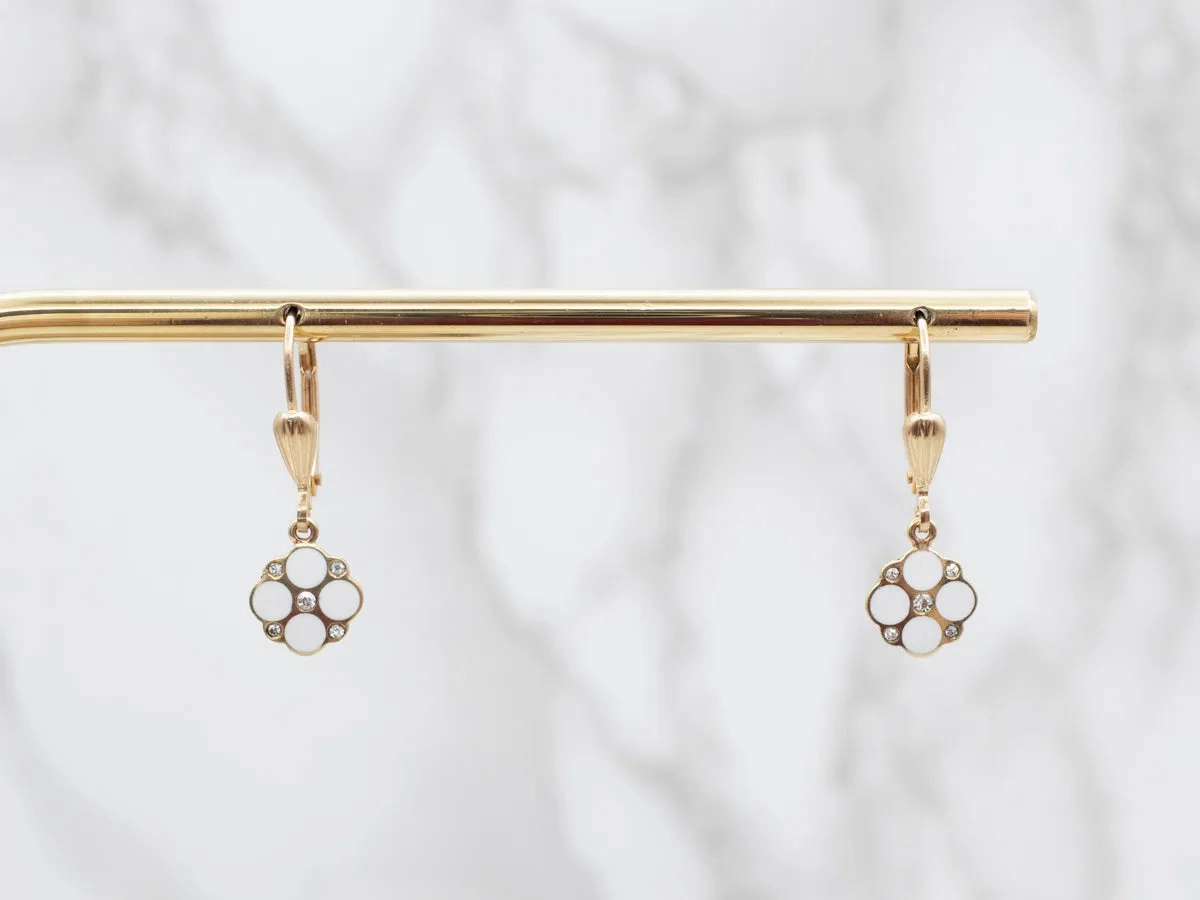 Sweet Yellow Gold White Enamel and Diamond Flower Drop Earrings