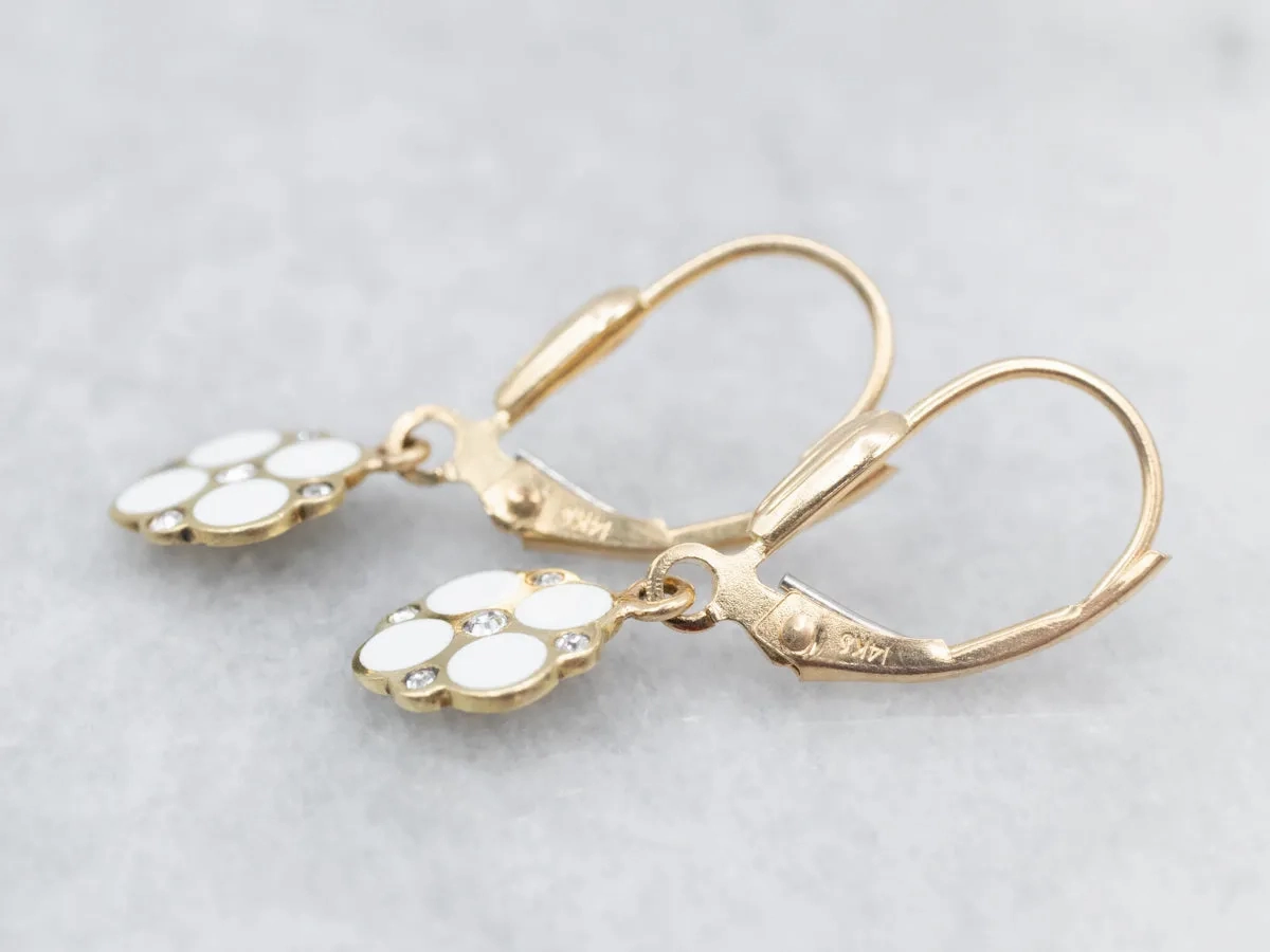 Sweet Yellow Gold White Enamel and Diamond Flower Drop Earrings