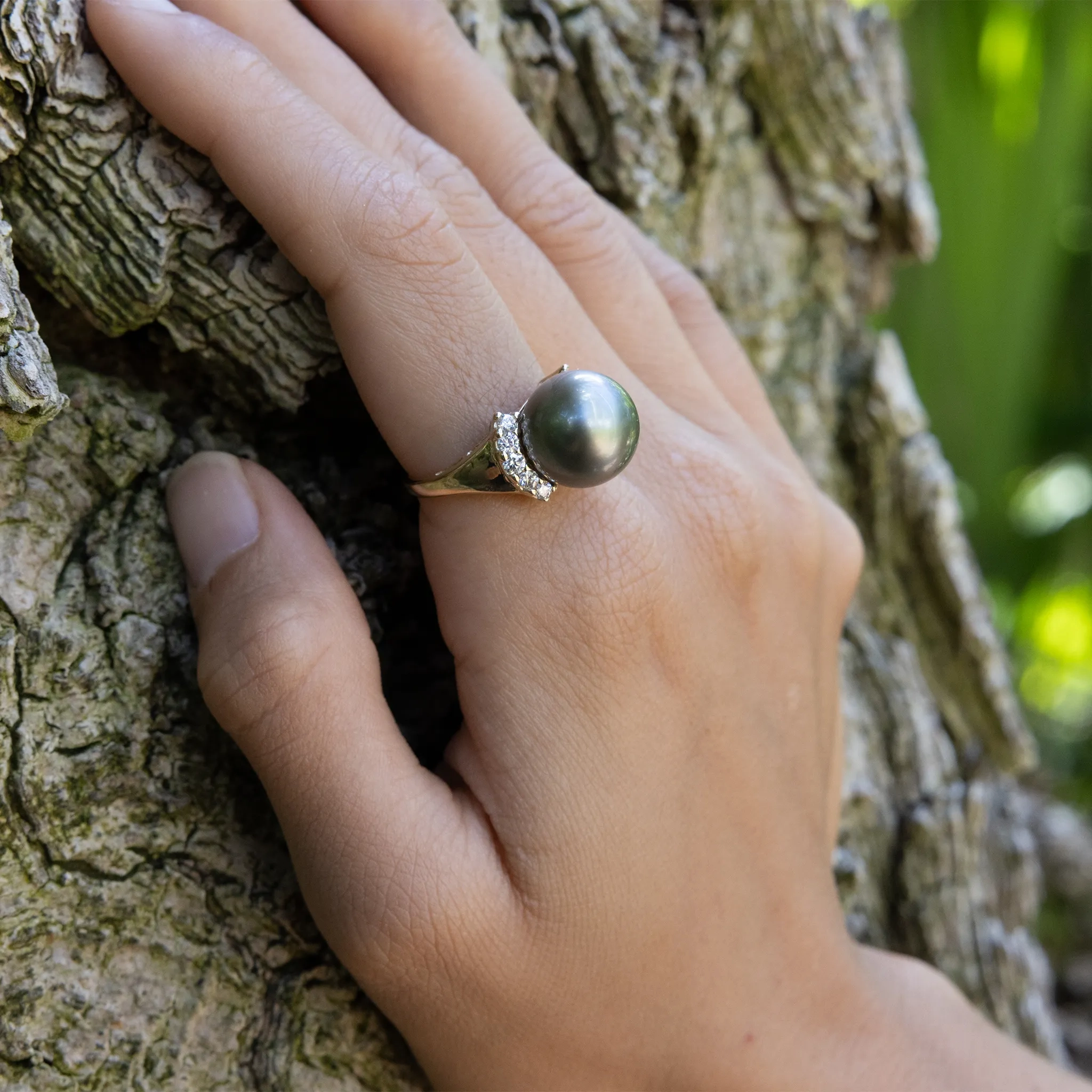 Tahitian Black Pearl Ring in Gold with Diamonds - 12-13mm