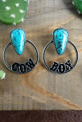 Tamebrook Turquoise Silvertone COW BOY Hoop Earrings texture-rose-gold  