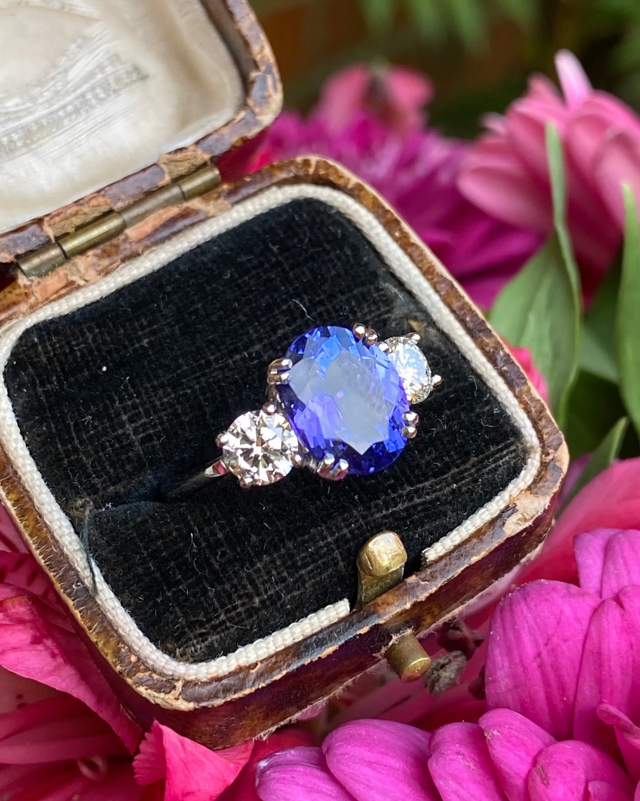 Tanzanite and Diamond Three Stone Platinum Ring 1.03ct   3.45ct